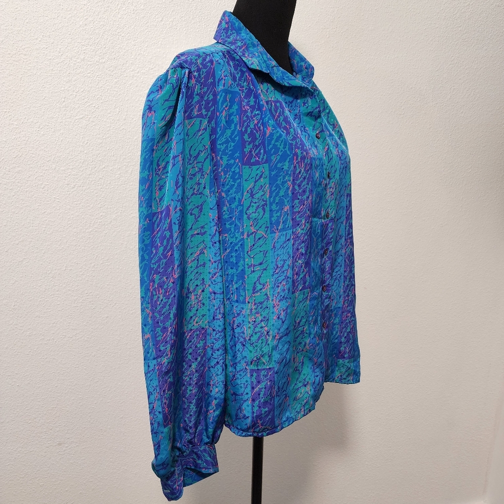 Vintage 80s Gailord Blue Polyester Button Front Blouse - Picture 2 of 9